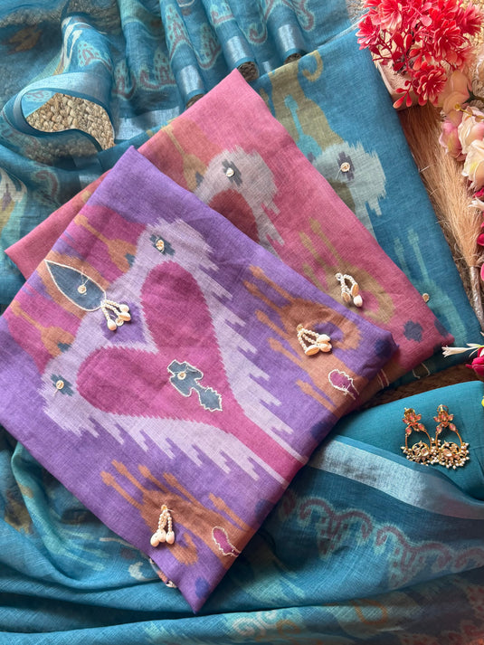 Linen shell work Uzbek Ikkat print suit set