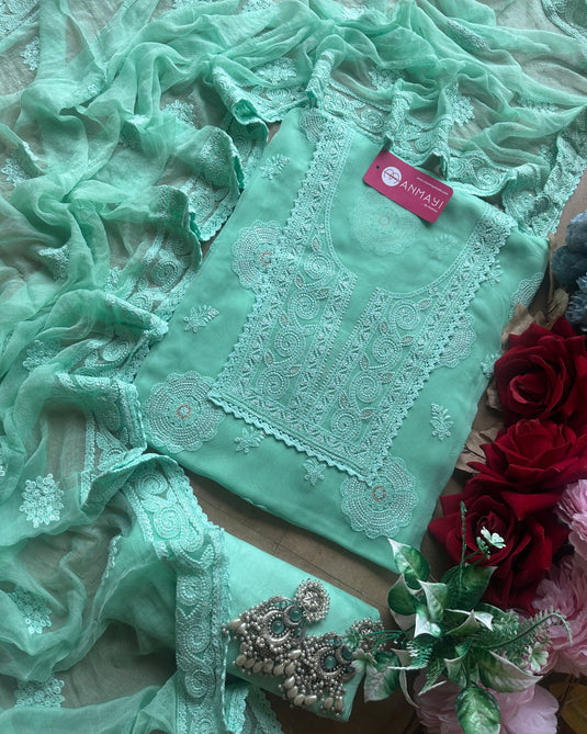 Pure georgette chikankari flower work suit set
