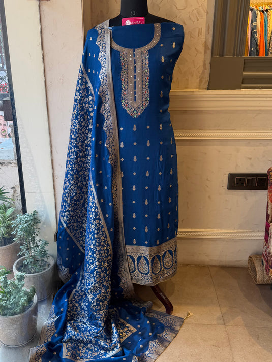 Pure Dolla silk zari work suit with coloured Kundan neck