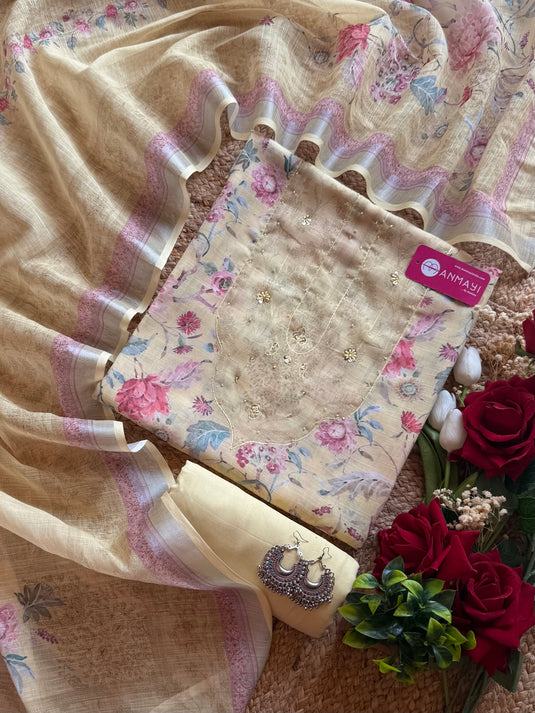 Printed florals soft linen suit set with patched neck