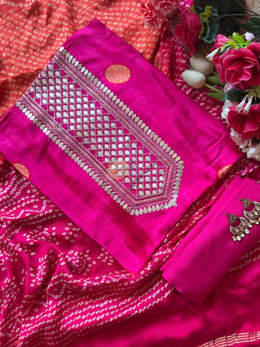 Gajji silk bandhani pita work suit set