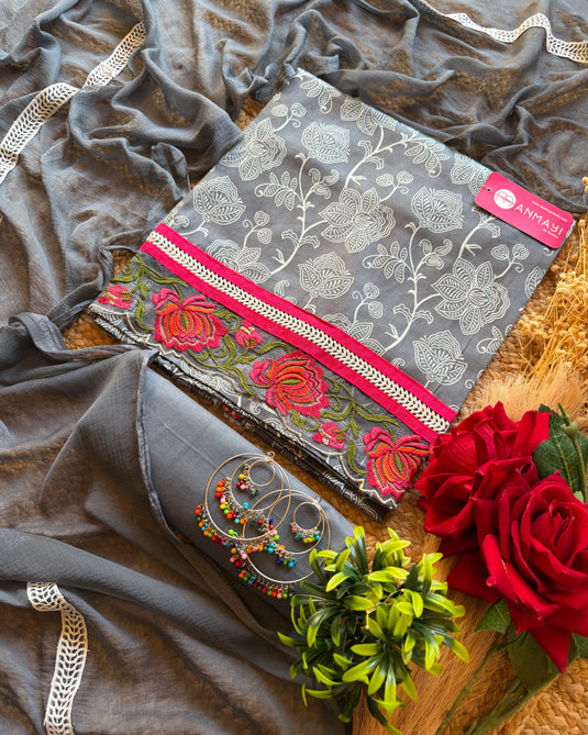Embroidered border printed Cambric cotton suit with chiffon dupatta