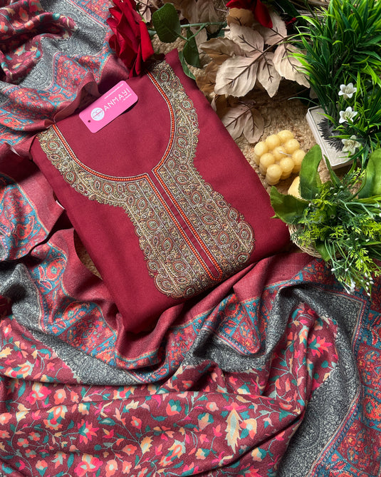 Aari work neck woollen suits with Kani print shawls