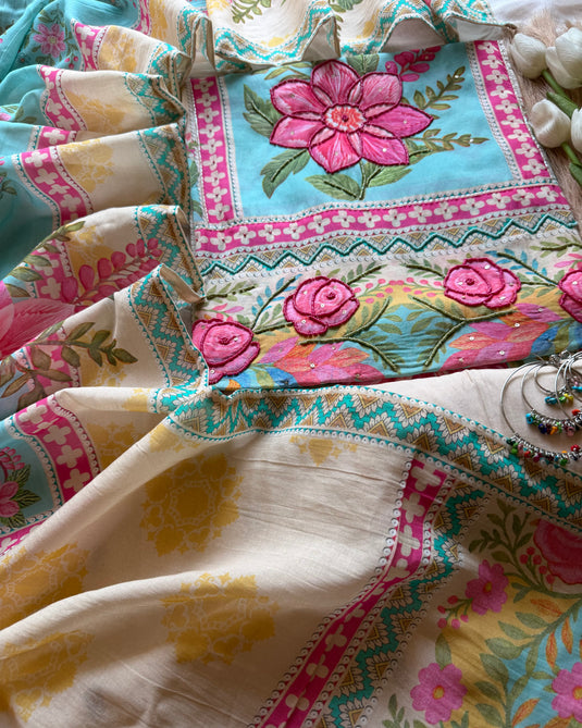 Arabic Mul Chanderi cotton coloured pearl suit set