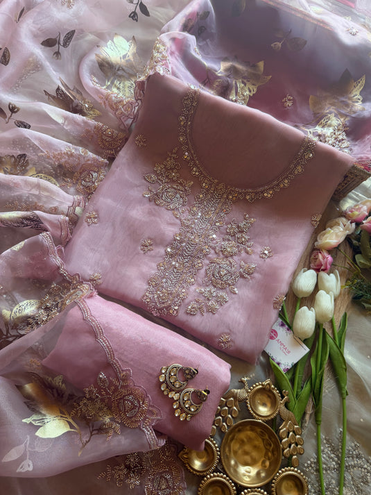 Organza beads work suit set with foil print dupatta