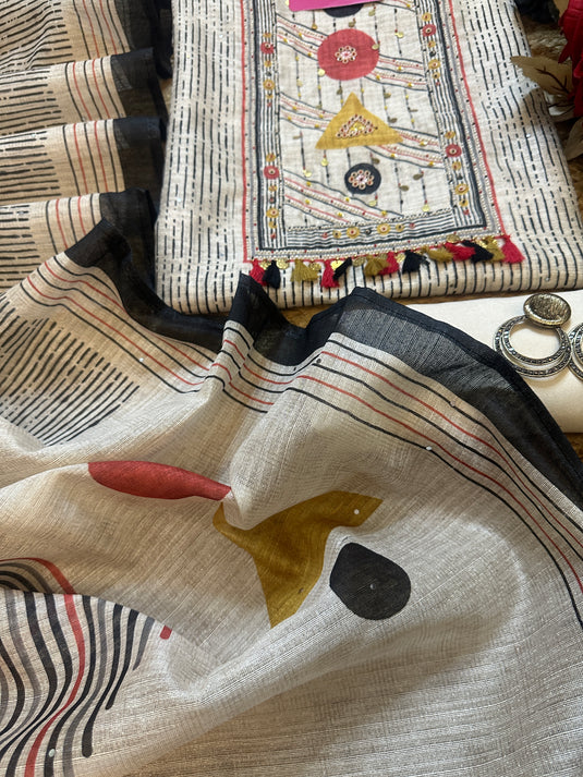 Pure linen geometric print beige black suit