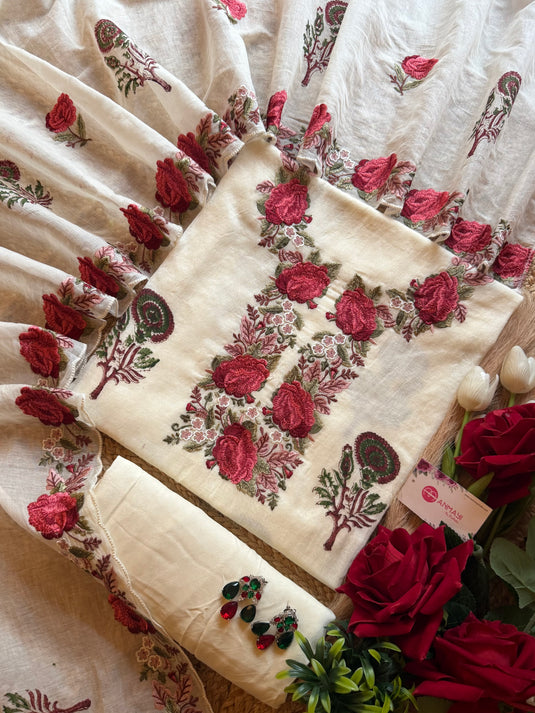 Block print rose embroidery Mul Chanderi suit set
