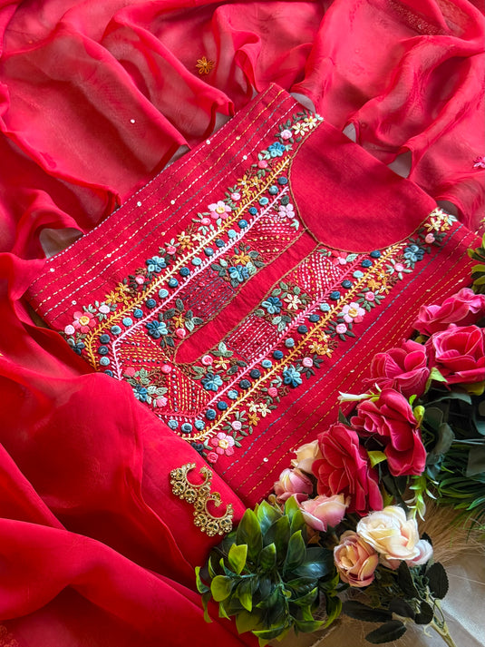 Coloured french knot work pure Maheshwari suit set with organza dupatta