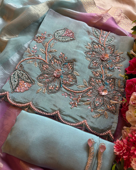 Intricate 3D embroidered shimmer silk suit set