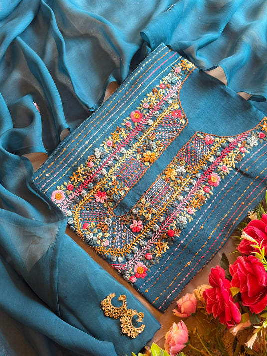 Coloured french knot work pure Maheshwari suit set with organza dupatta