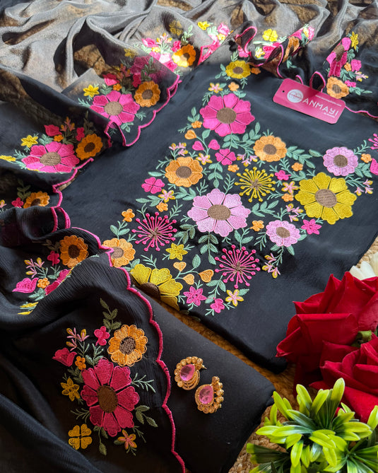 Georgette floral garden embroidered black suit set