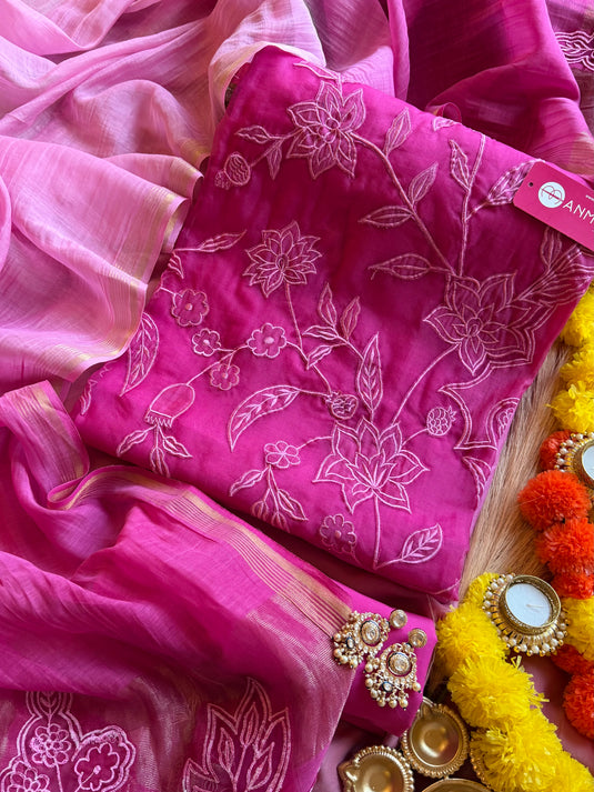 Ombré pure mul suit set with organza patch and straw work