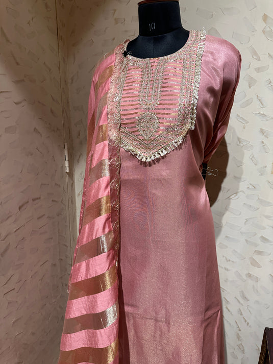 Shimmer Chanderi pastel kurta neck suit set