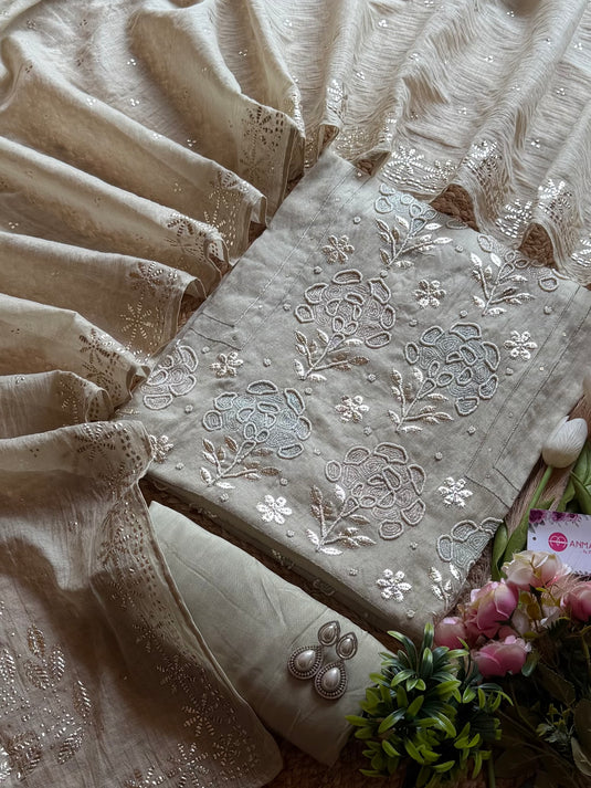 Pearl pita detailed Mul Chanderi Suit set