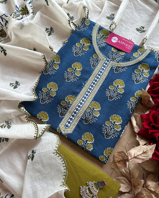 Block print combination suit set with embroidered cotton silk dupatta