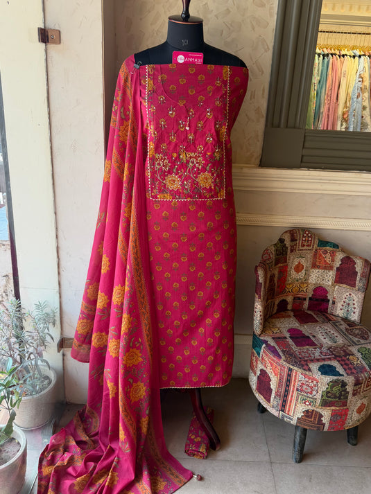 Jaipuri cotton block print highlighted neck suit set