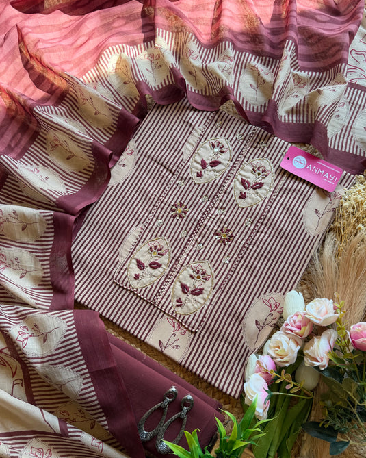 Cambric cotton stripes digital flower suit set