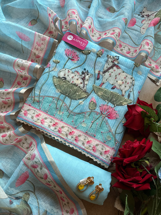 Pichwai print knot work kota banarasi suit set