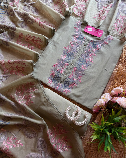 Embroidered jaal dupatta Mul Chanderi suit set