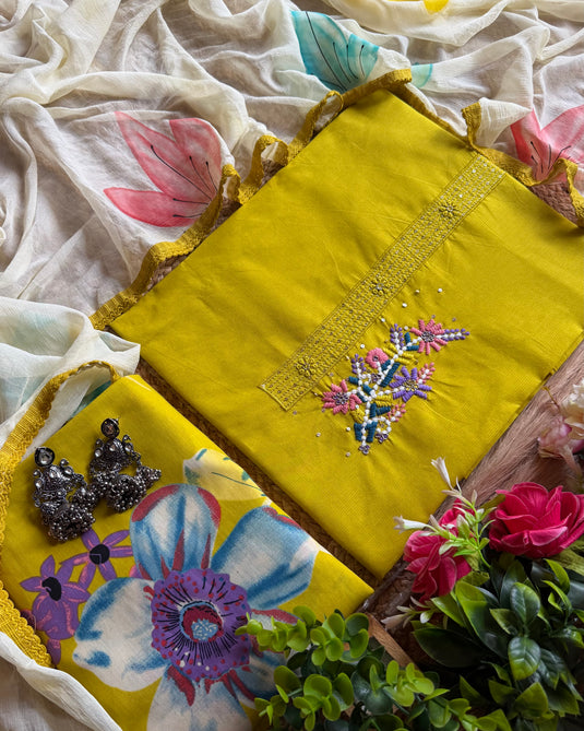 Neon green embroidered patch with printed bottom and chiffon handpaint dupatta