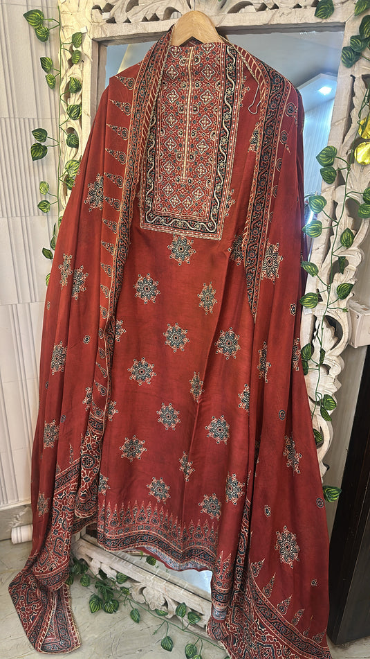 Ajrakh print raw silk suit with chinnon dupatta