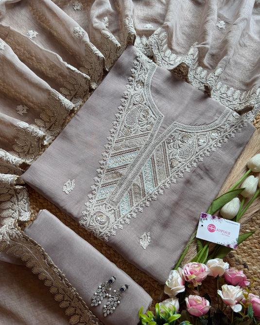 Dori weave pakistani neck pure mul cotton suit set