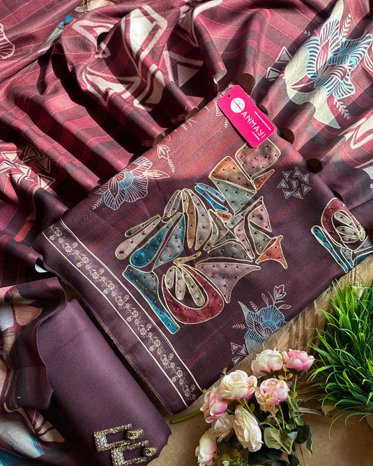 Spun Pashmina abstract print highlighted suit set