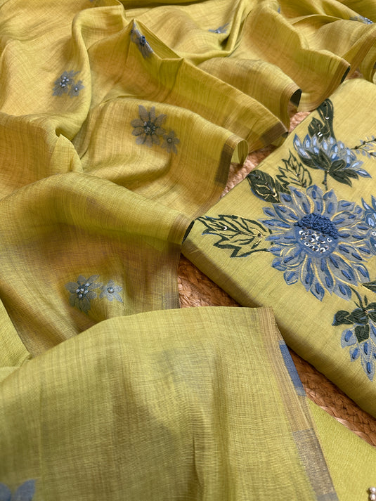 Pure Maheshwari lime French knot work suit set