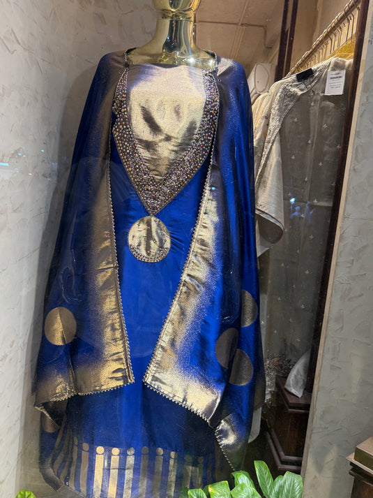 Kanjivaram royal blue elongated V neck suit set