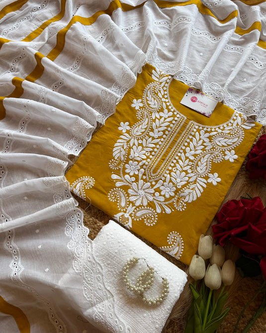 Chikankari neck cotton suit set with Hakooba bottom and dupatta