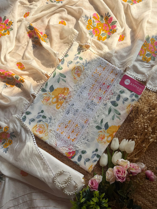 Creamy garden weave cotton suit set