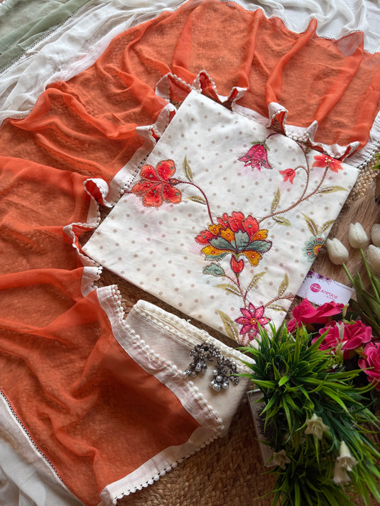 Highlighted hibiscus pure cotton polka dots suit set with tricolour dupatta