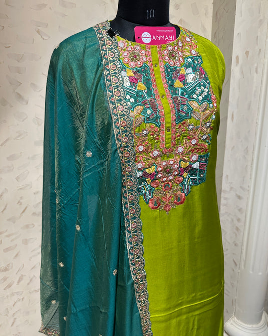 Green teal combination hand embroidered neck line Upada silk sets