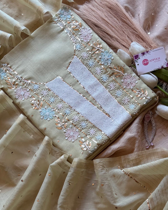 Pure Mul Mukaish Kamdani hand embroidered suit set (Design 2)