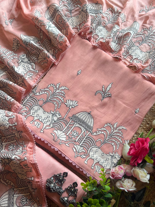 Pichwai embroidered Mul Chanderi suit set