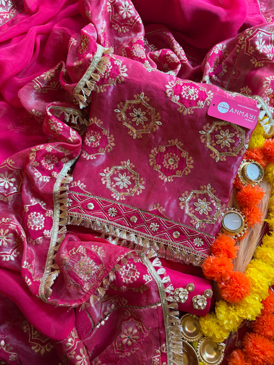 Brocade patch pure tissue suit set with georgette dupatta