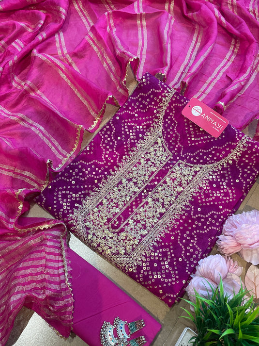 Bandhani print festive modal suit set with banarasi cotton dupatta
