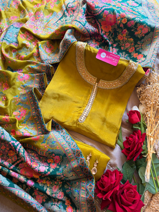 Satin silk potli button suit set with Jamawar stole