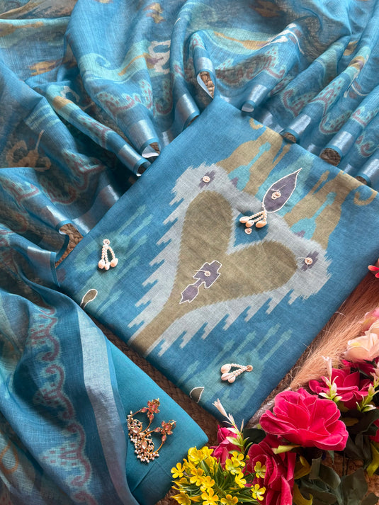 Linen shell work Uzbek Ikkat print suit set