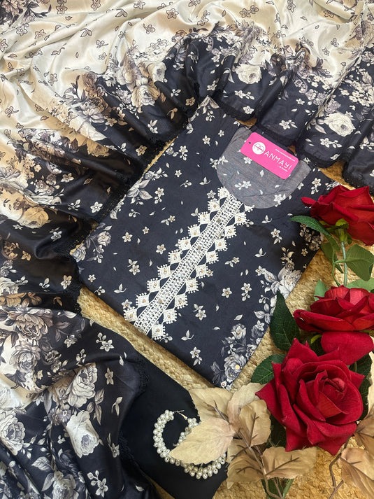 Pakistani black white combination semi stitched printed suit