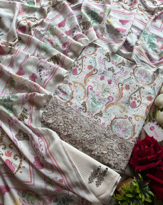 Digital fine muslin organza work border suit set