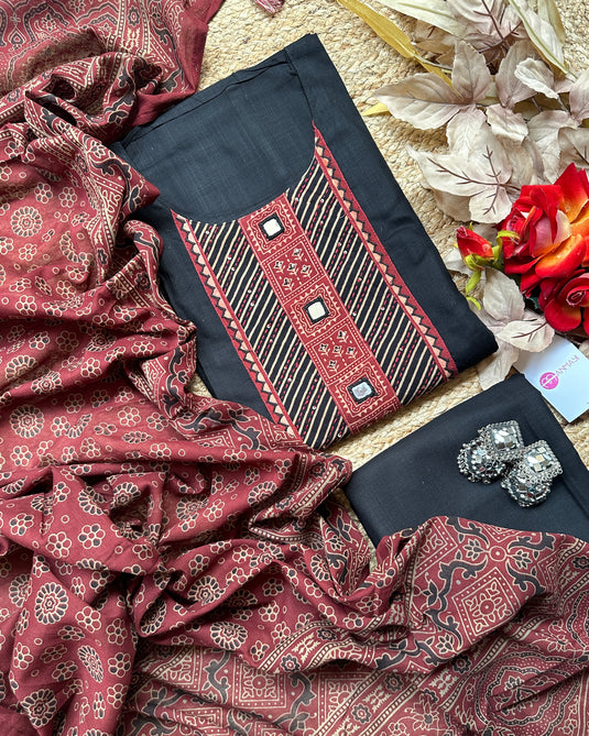 Rayon mirror work suits with floral ajrakh dupatta