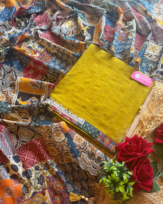 Lime weaving cotton suit with digital coloured cotton dupatta