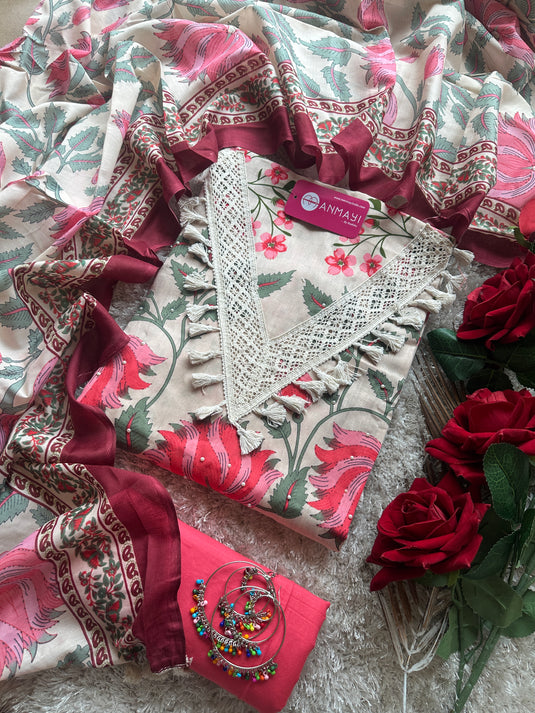 Soft jaam cotton Kani print pearl tassel work suit set