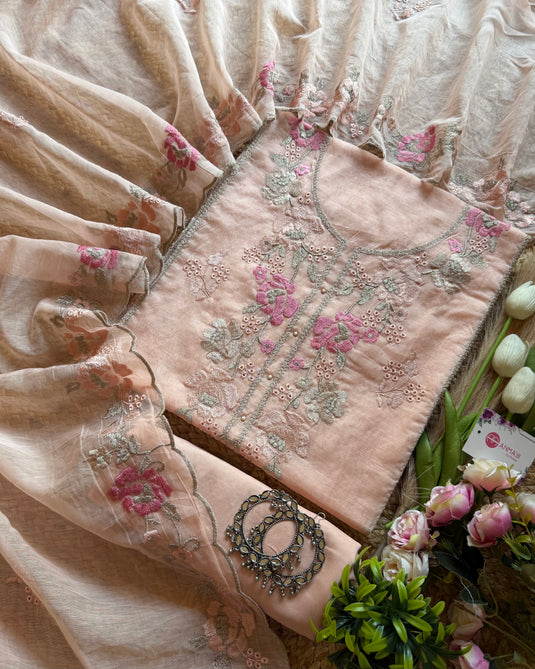 Mul Chanderi pastel hakooba impression embroidered suit set