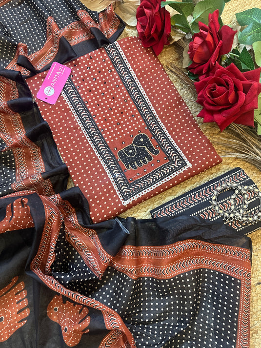 Jaam cotton polka dots combination print suit with elephant motif