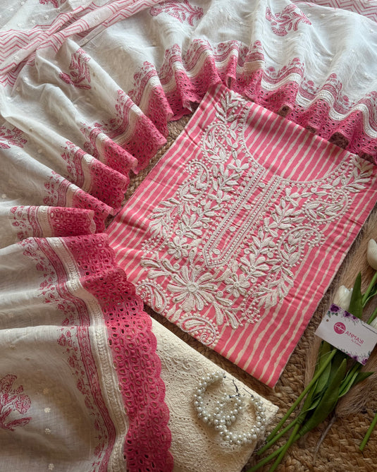 Stripy thread fine Cambric cotton suit set