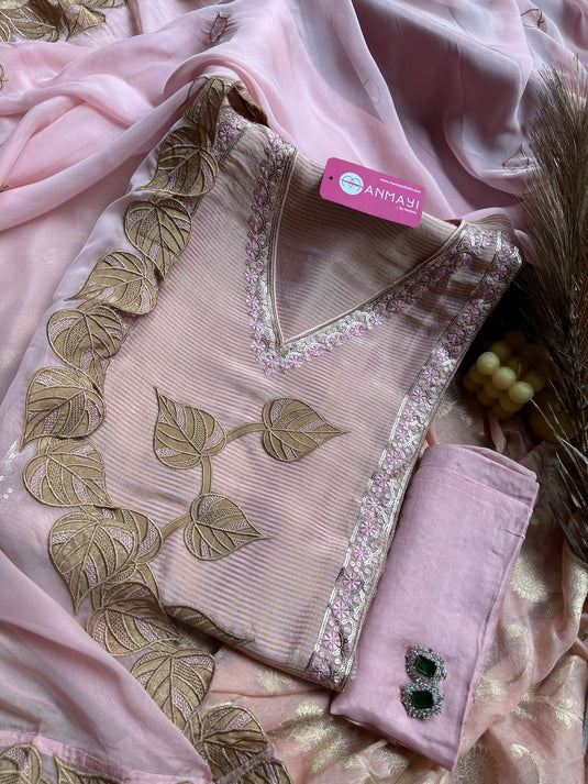 Leafy patch panel baby pink tissue organza suit