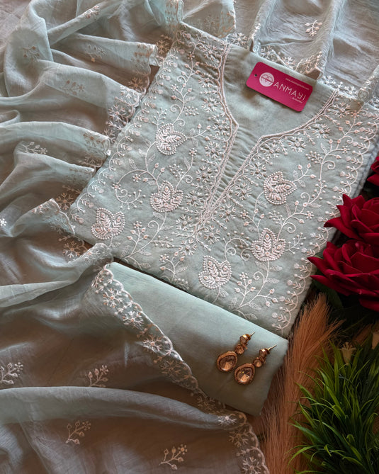 Chikankari pastel Mul Chanderi suit set