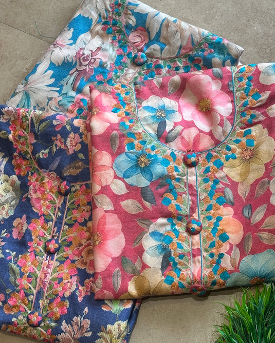 Embroidered semi pashmina floral suit set